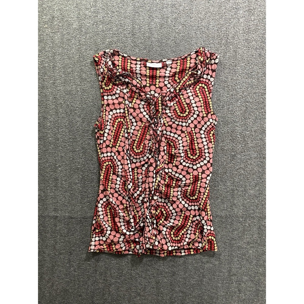 New York & Company Geometric Polka Dot Ruched Sleeveless Top Pink Brown Large